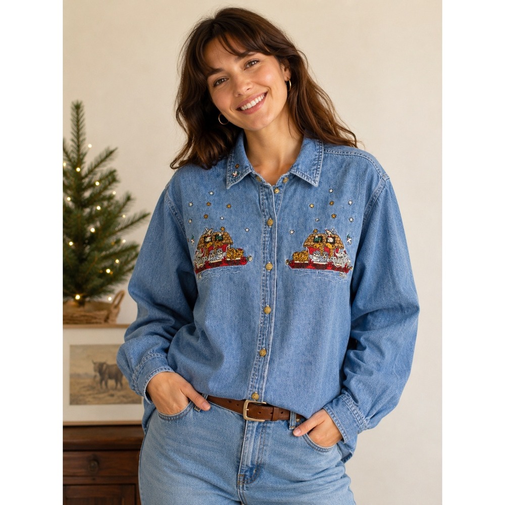 Bobbie Brooks Vintage Woman Denim Shirt Noah's Ark Embroidered Blue Size 14W 16W